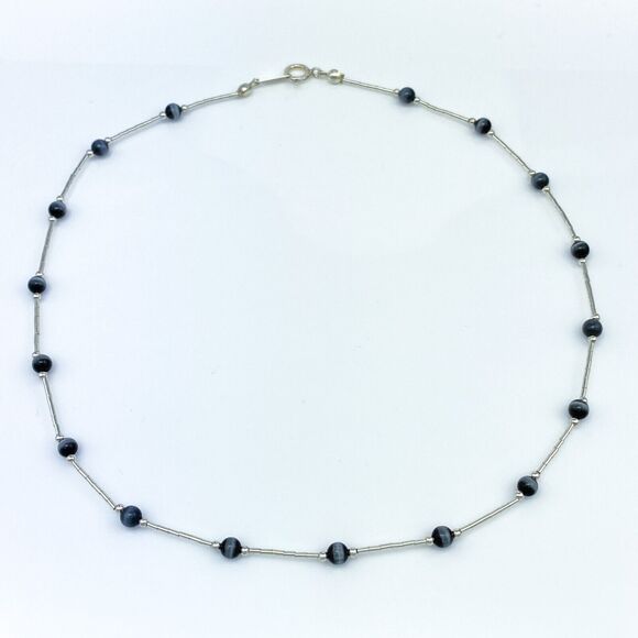 Vintage Sterling Silver 925 Green Simulated Tiger's Eye Station Necklace 16" - Picture 2 of 4